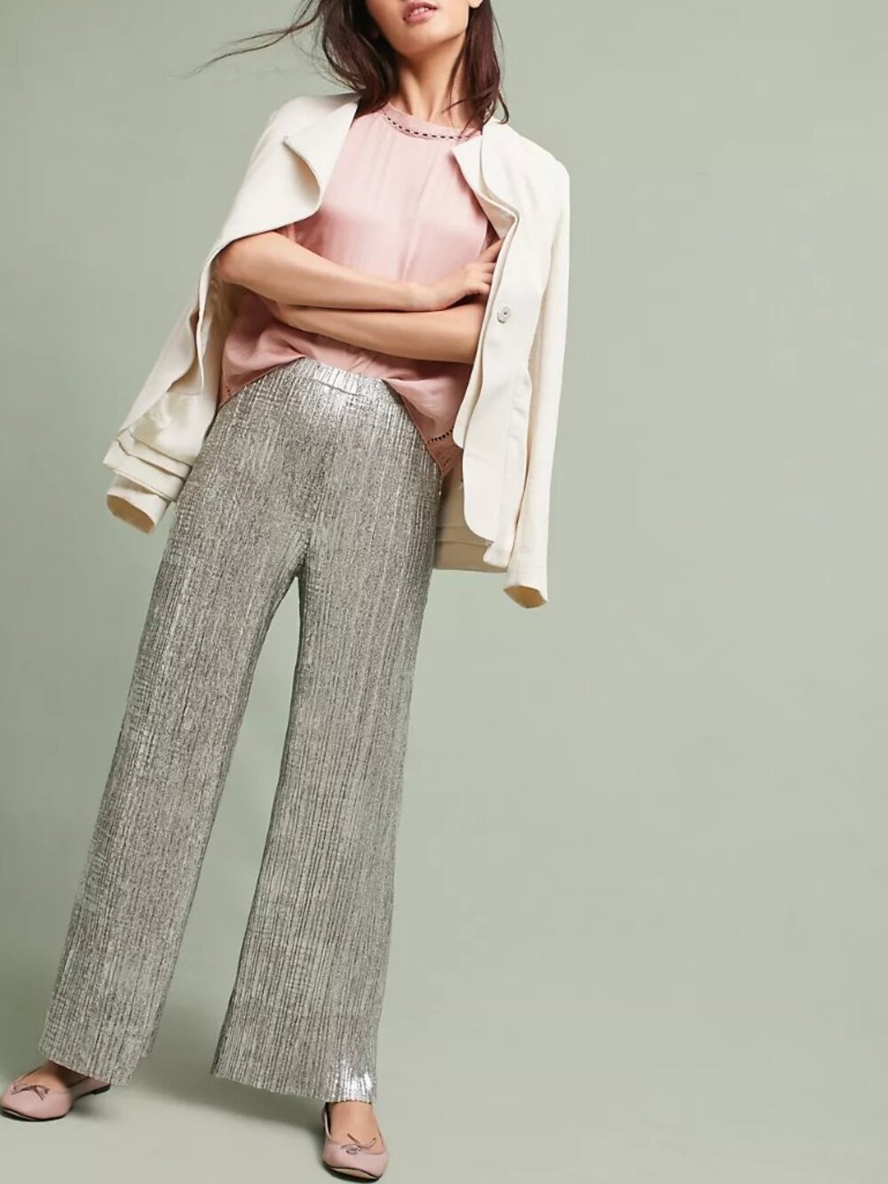 elevenses Silver Metallic Pleated Wide-Leg Pants
